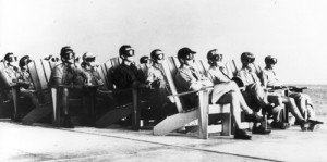 VIP observers on Parry Island, watching an 81 kiloton test as part of Operation Greenhouse, on Enewetak Atoll, April 8, 1951. Credit: Brookings Institution/Defense Special Weapons Agency